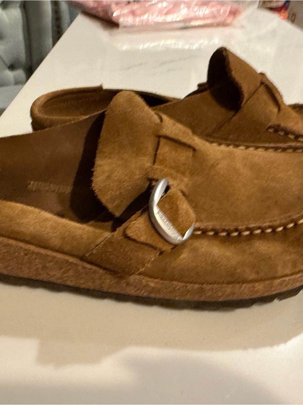 Birkenstock Women's Suede Loafers in Brown with Silver Buckle